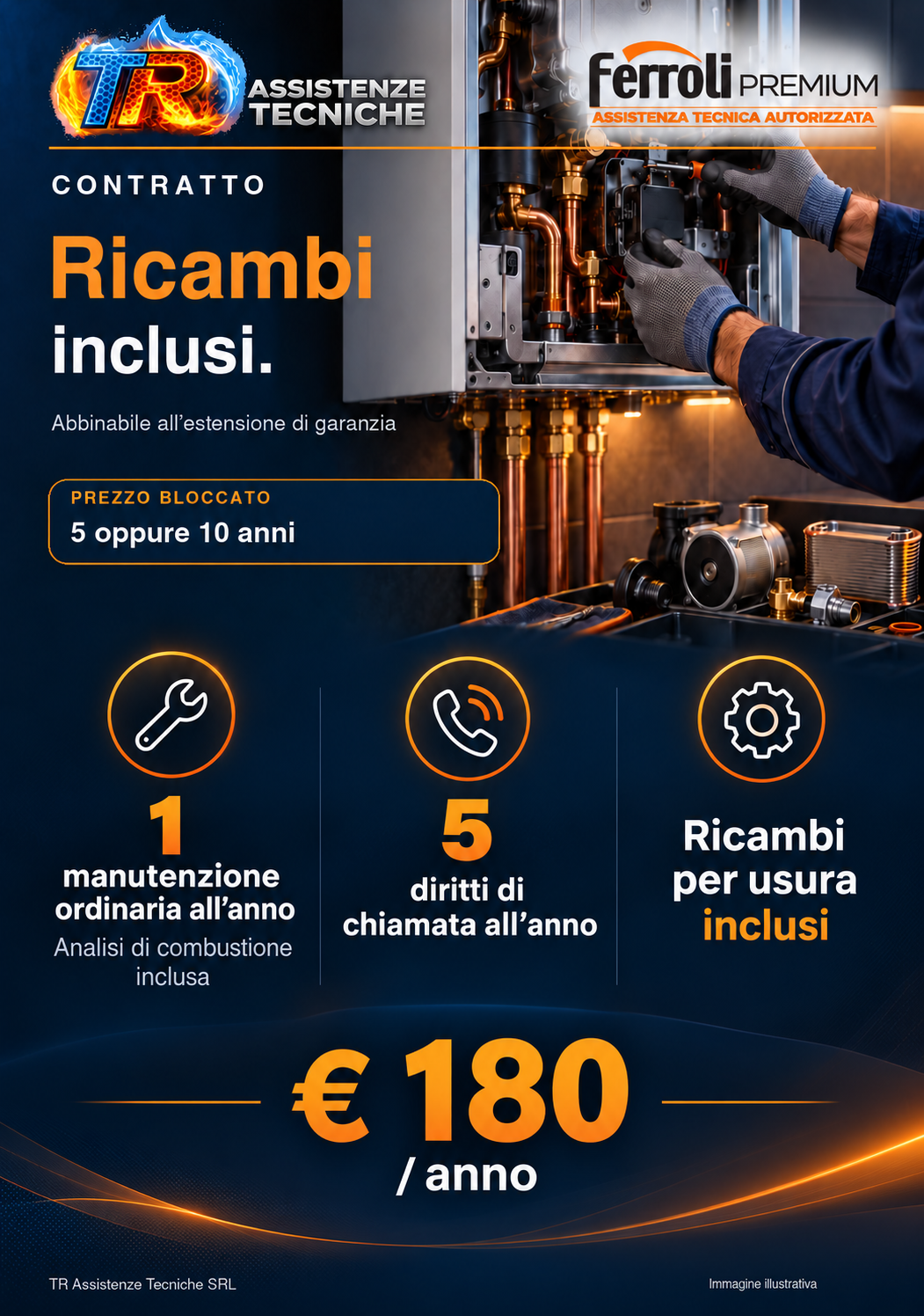 Locandina del contratto TR da 180 euro all’anno: cinque diritti di chiamata, manutenzione annuale e ricambi per usura inclusi